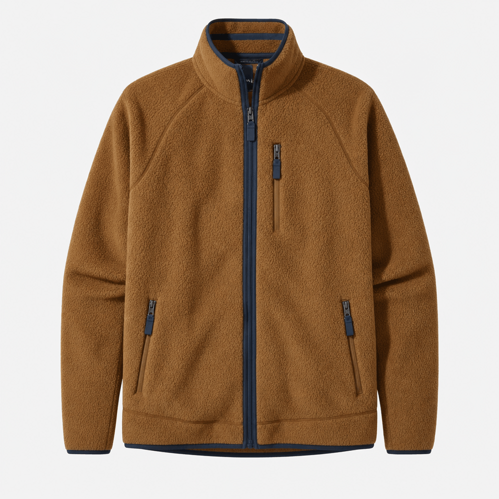 Men's brown zip-up fleece jacket with a stand collar, zippered chest and side pockets, and a textured outer finish.