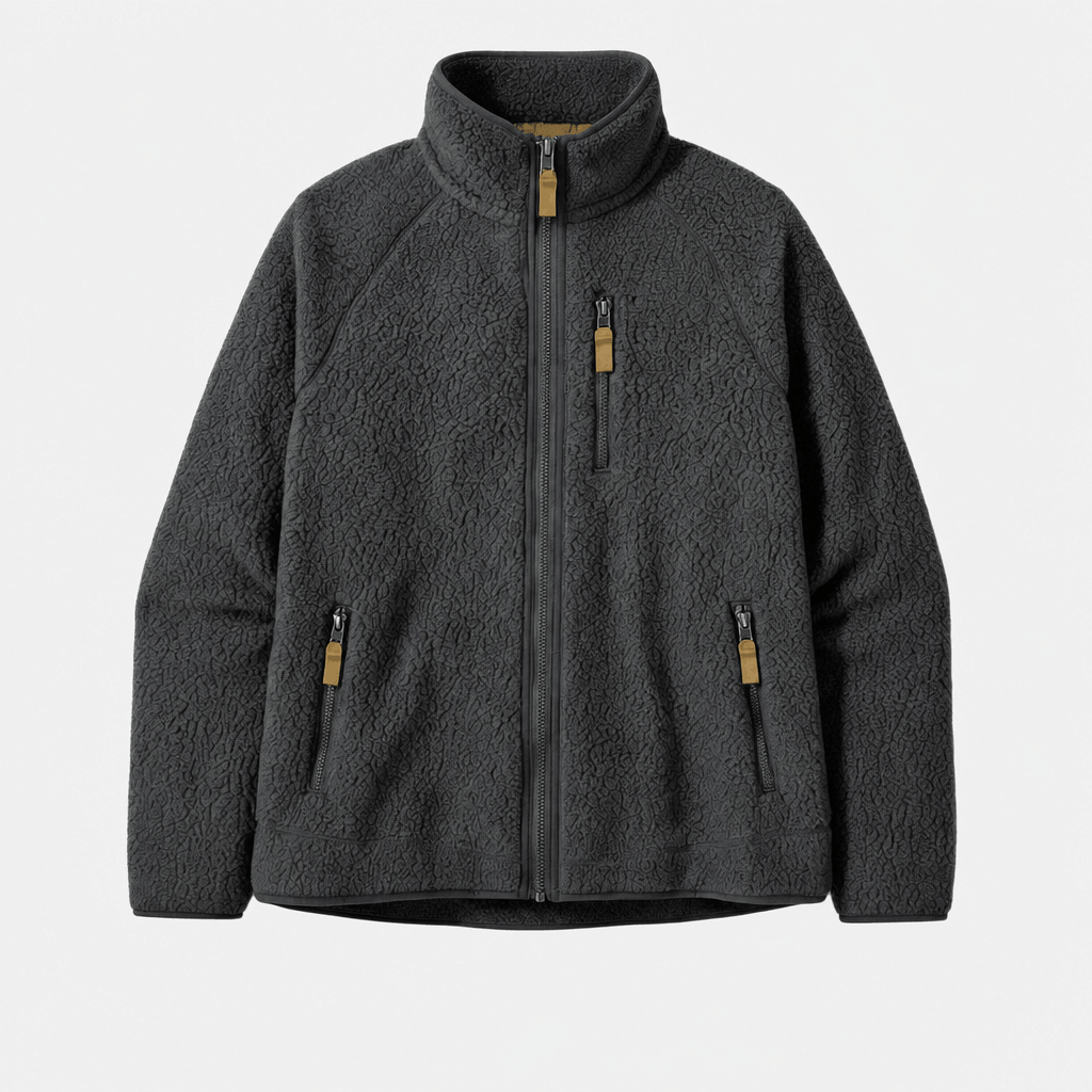 Dark charcoal zip-up fleece jacket with a stand collar and zippered pockets.
