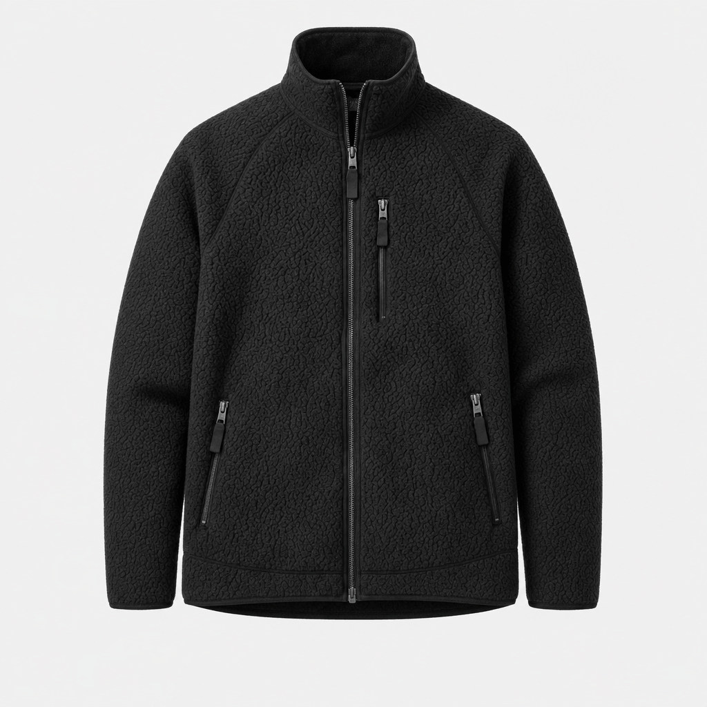Black zip-up fleece jacket with a stand collar and zippered pockets.