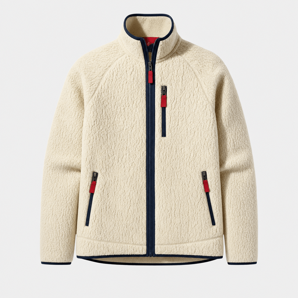 Front product view of the cream fleece zip-up jacket with a high collar, full-length zipper, and contrasting zippered pockets.