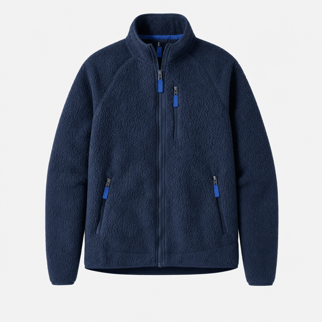 Front product view of the navy blue fleece zip-up jacket with a high collar, full-length zipper, and contrasting zippered pockets.