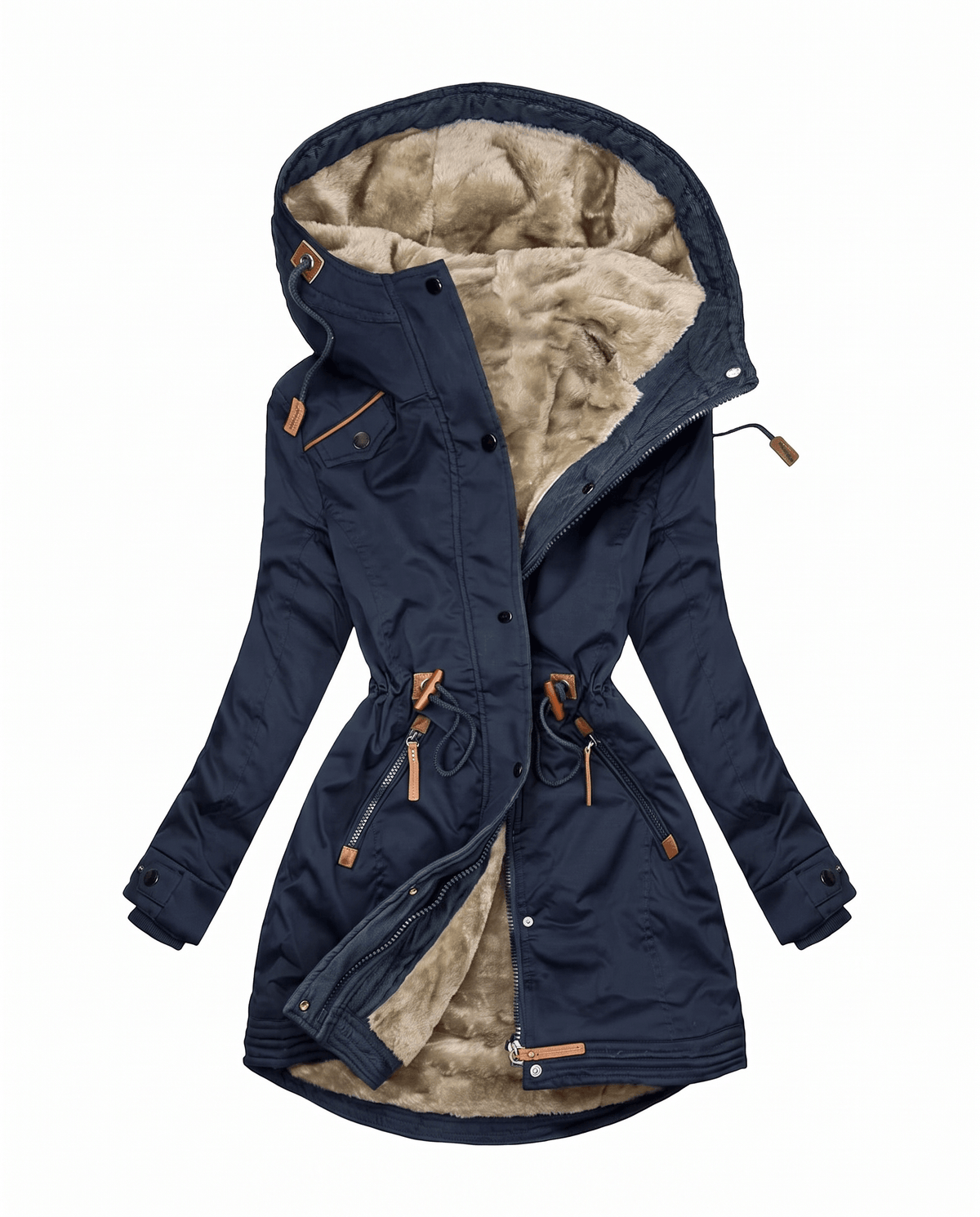 A navy blue winter parka jacket for women with a plush-lined hood, drawstring waist, and multiple pockets, shown flat