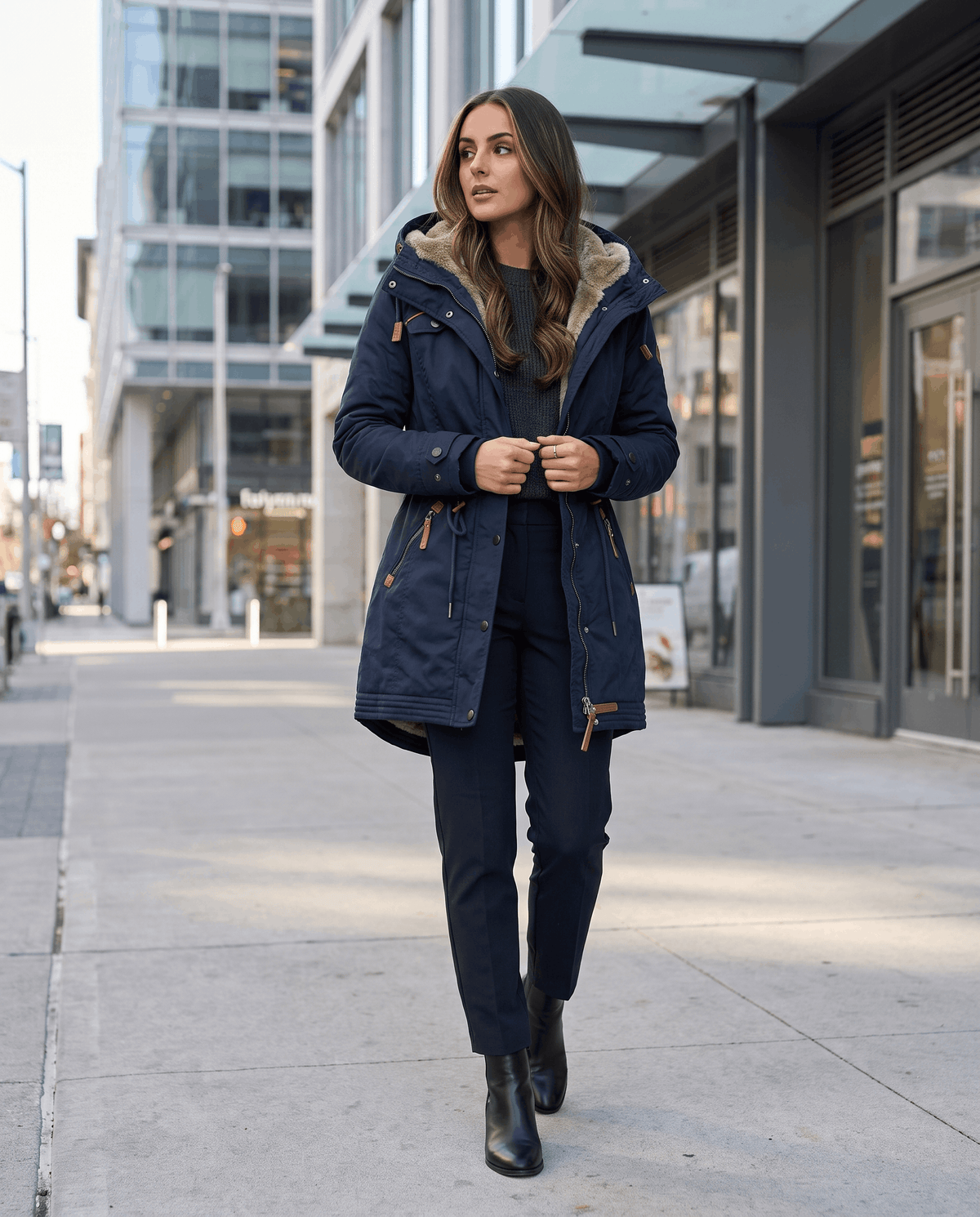A woman wearing a navy blue winter parka jacket with a hood, plush lining, and drawstring waist, walking on a city street