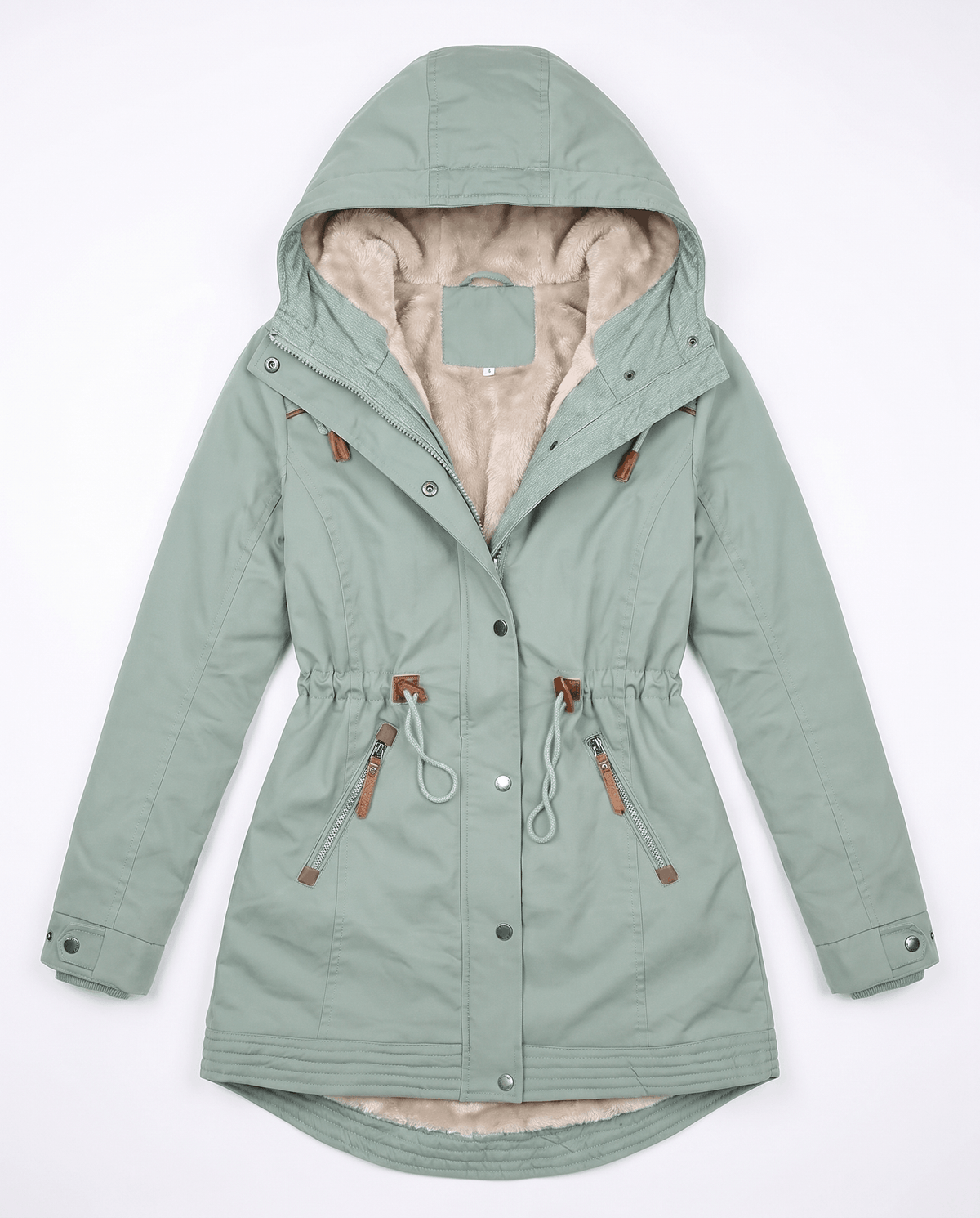 A light green winter parka jacket for women with a plush-lined hood, drawstring waist, and multiple pockets, shown flat