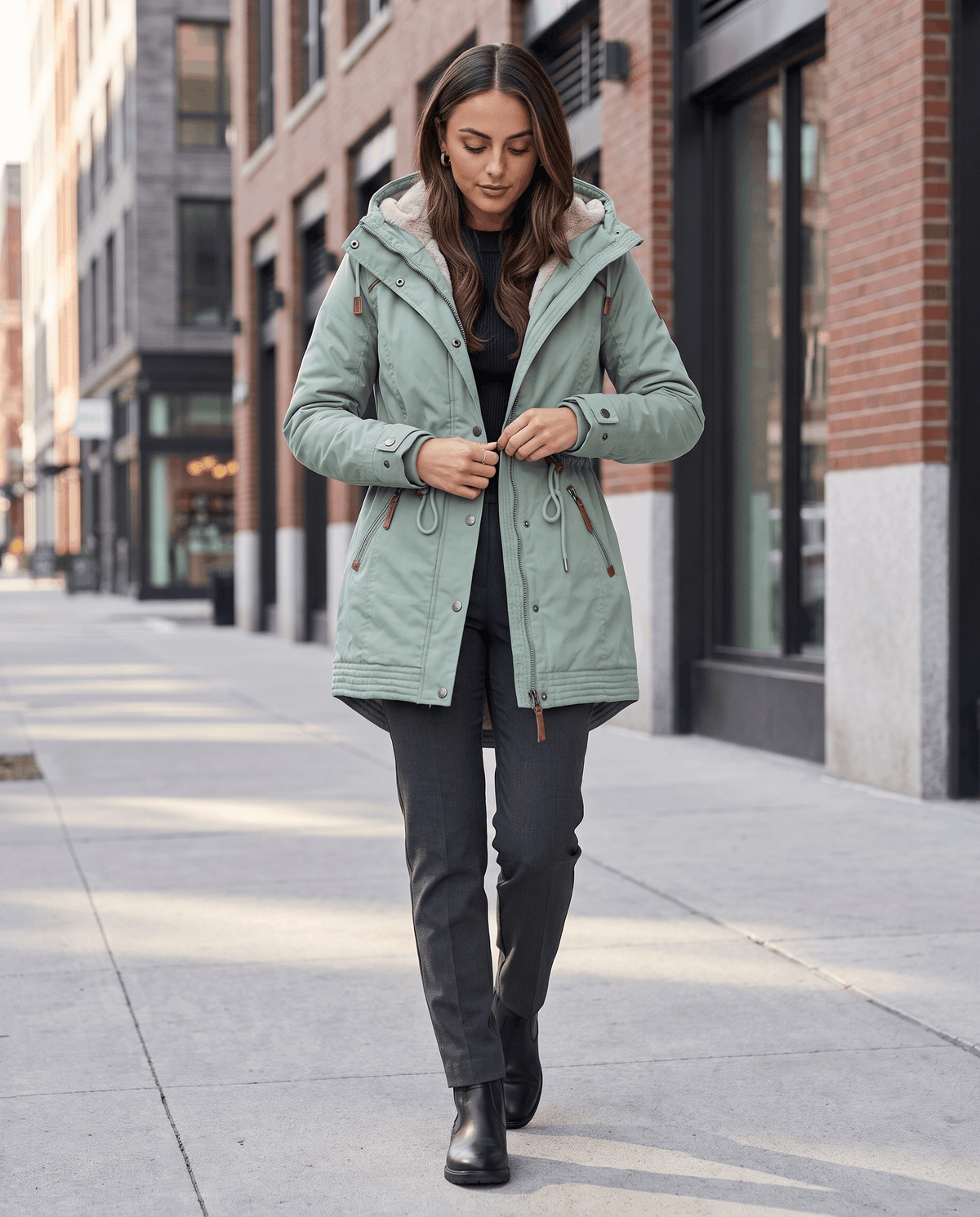A woman wearing a light green winter parka jacket with a hood, plush lining, and drawstring waist, walking on a city street