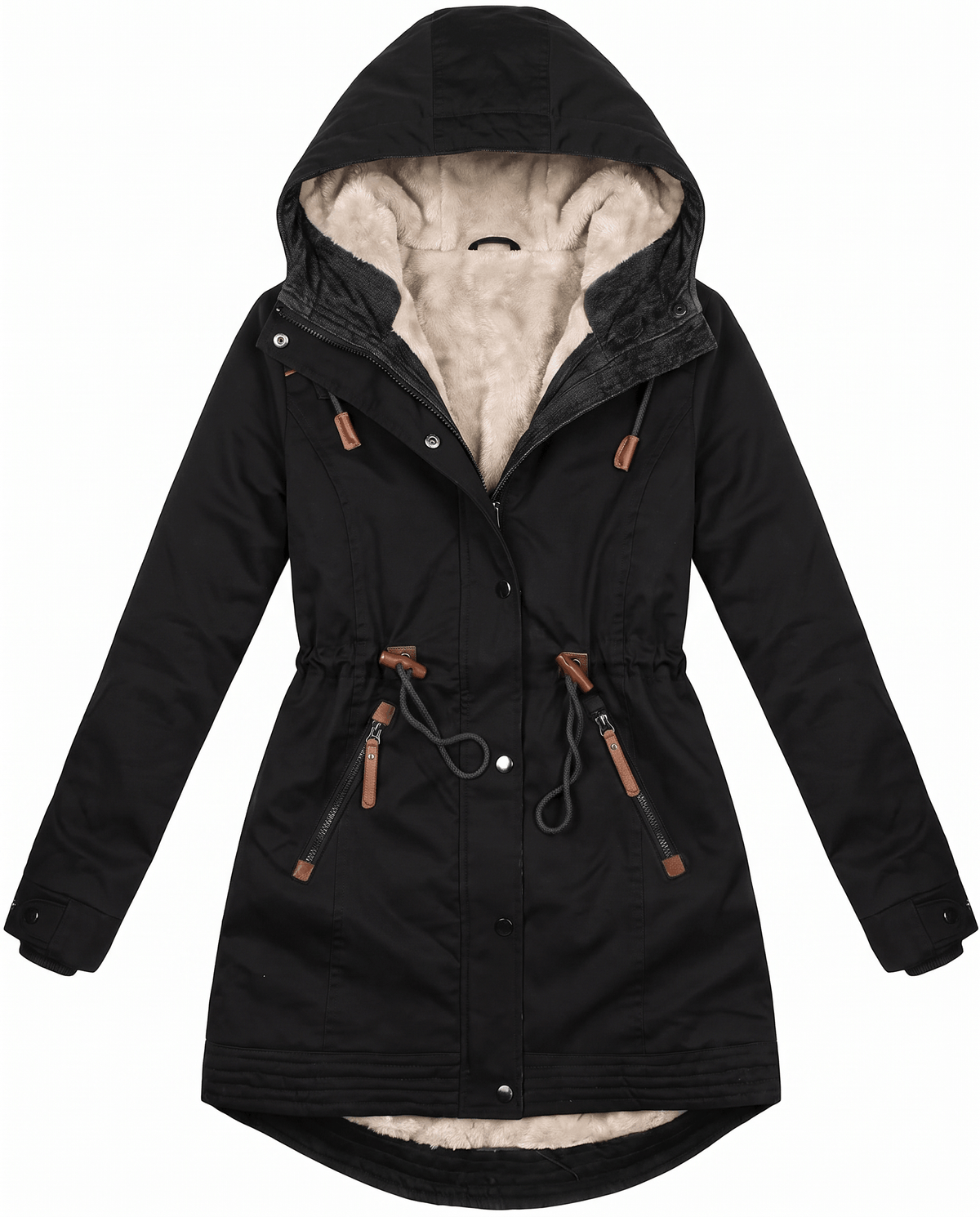 A black winter parka jacket for women with a plush-lined hood, drawstring waist, and multiple pockets, shown flat