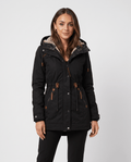A woman wearing a black winter parka jacket with a hood, plush lining, multiple zip pockets, and a drawstring waist