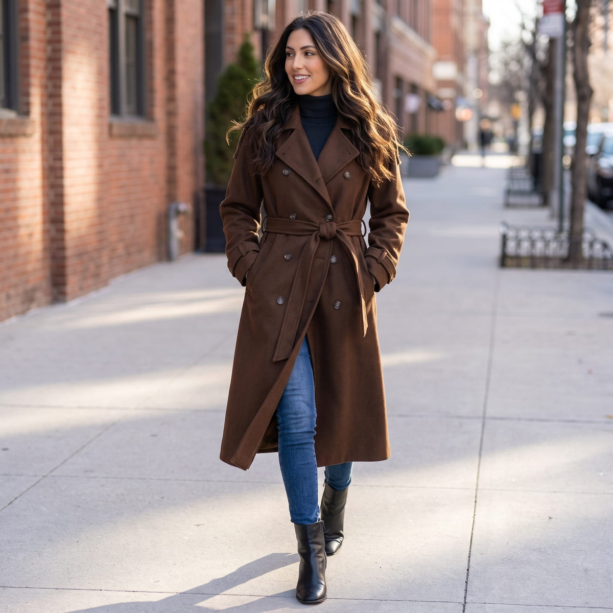 A woman wearing a brown wool trench coat with a double-breasted front and waist belt, walking on a city street