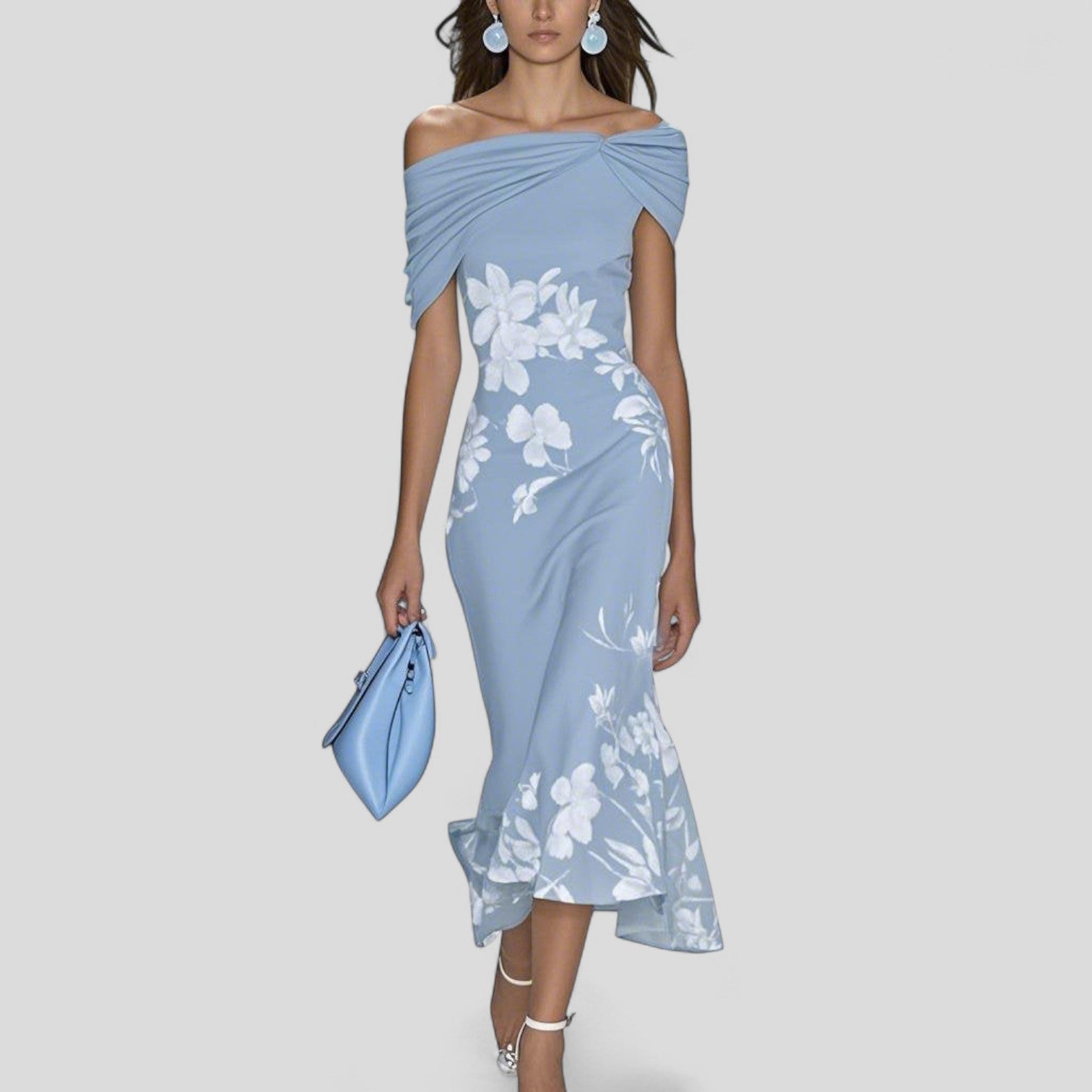 Selene Off Shoulder Midi Dress – Fishtail Floral Elegant Statement Evening Dress