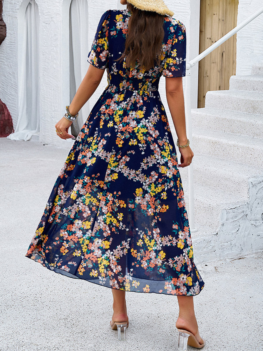 Margaret Floral V-Neck Pleated Maxi Dress – Elastic Waist Summer Silhouette