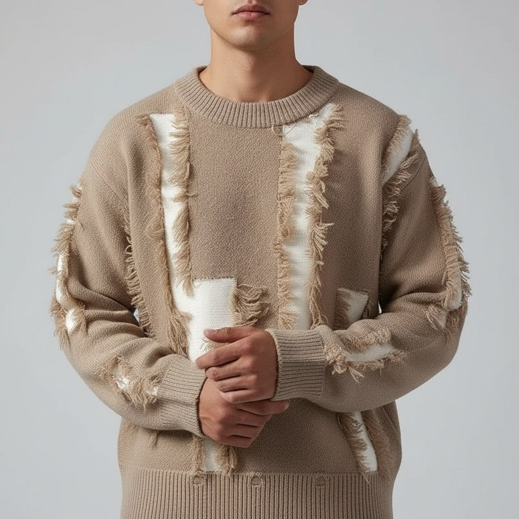 Aiden Men's Distressed Sweater – Textured Knit Pullover with Bold Frayed Accents