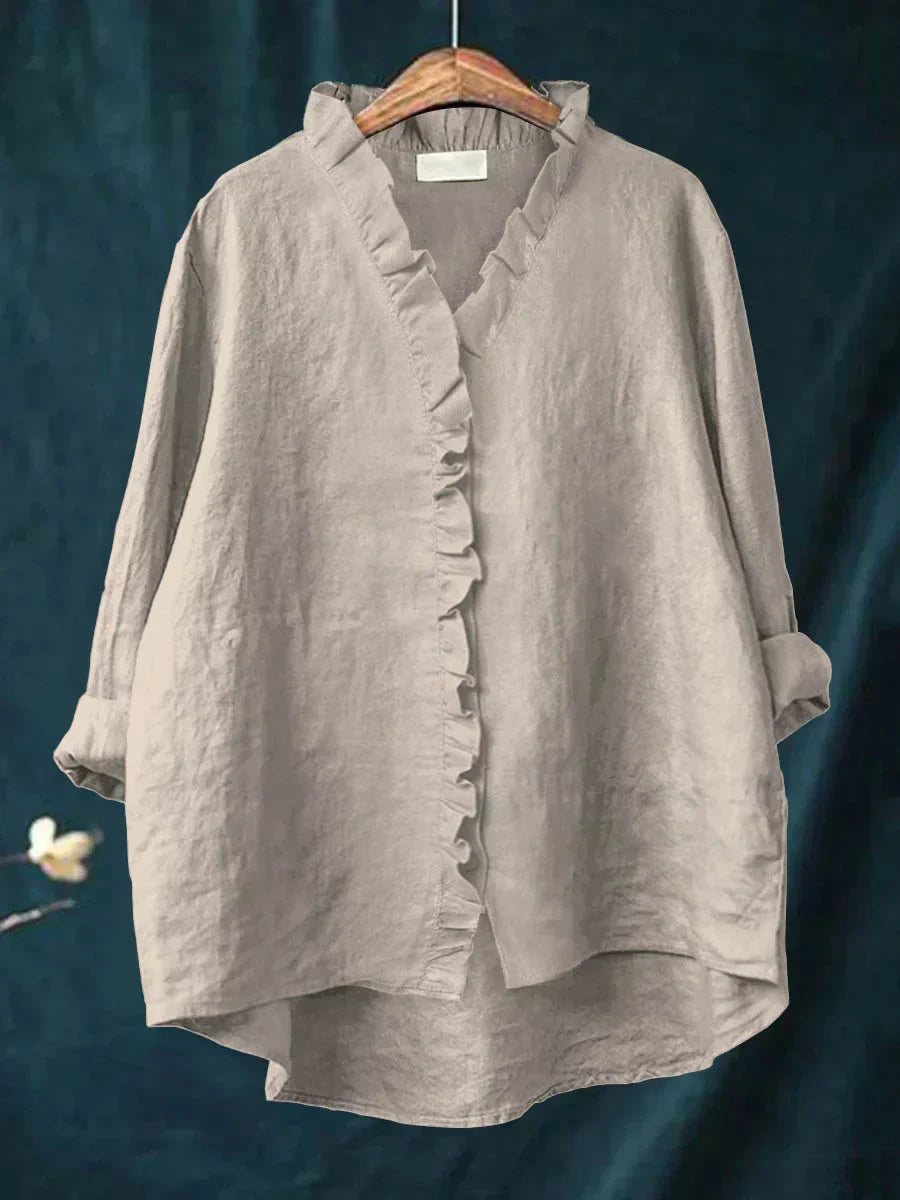 Briana Cotton Linen Blouse – Relaxed Ruffled Neckline Everyday Shirt
