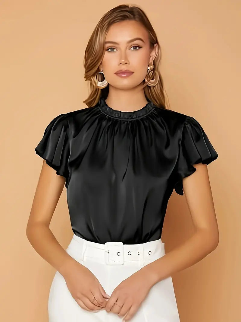 Camille Satin Drape Blouse – Stylish Puff Sleeve Top with Gathered Neck
