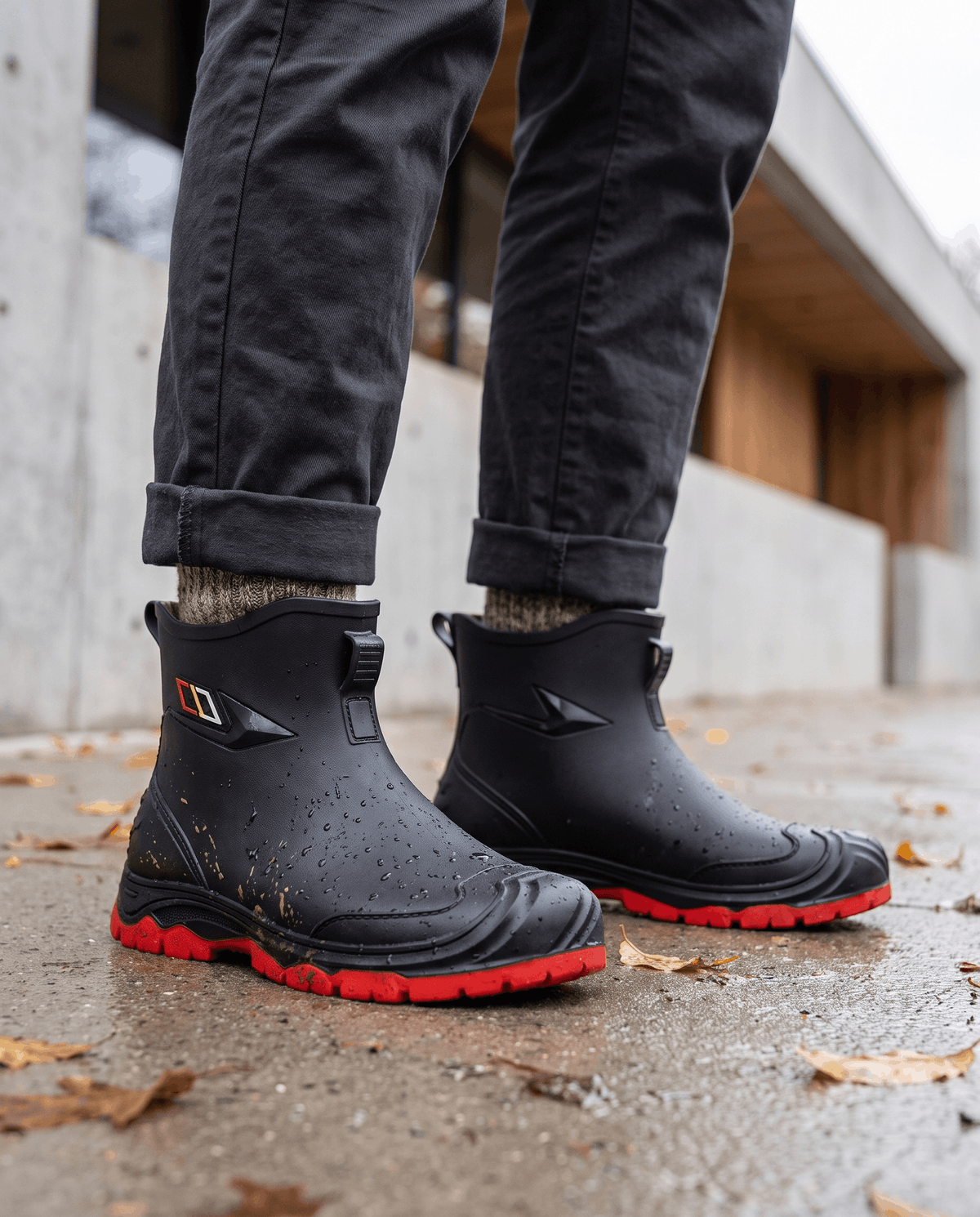 Person wearing black rubber boots with cuffed dark jeans on a leaf-strewn wet sidewalk
