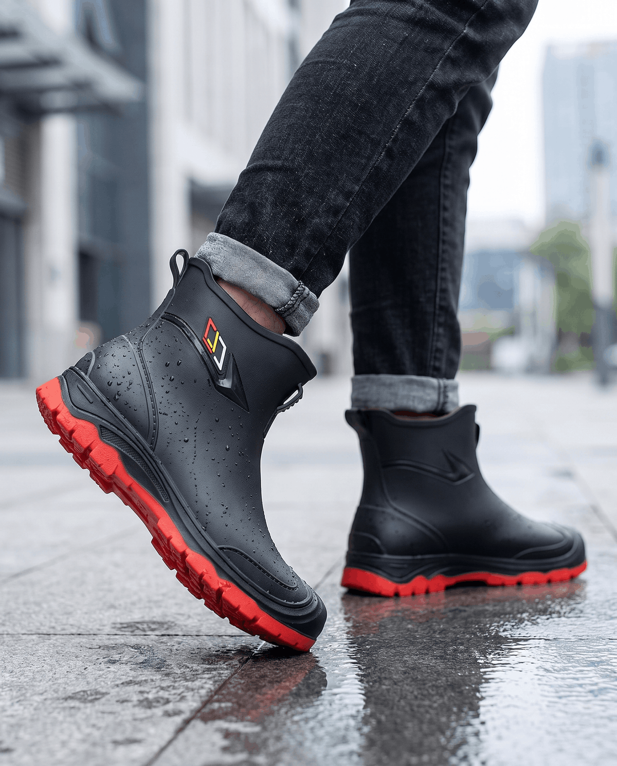 Black rubber boots with cuffed dark jeans stepping across wet city pavement in the rain