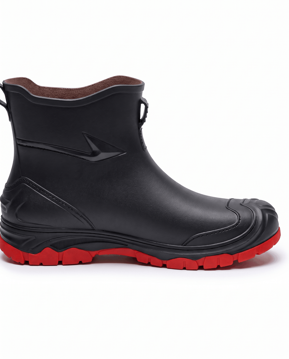 Side profile of a black rubber boot showing the red lug sole and brown lining