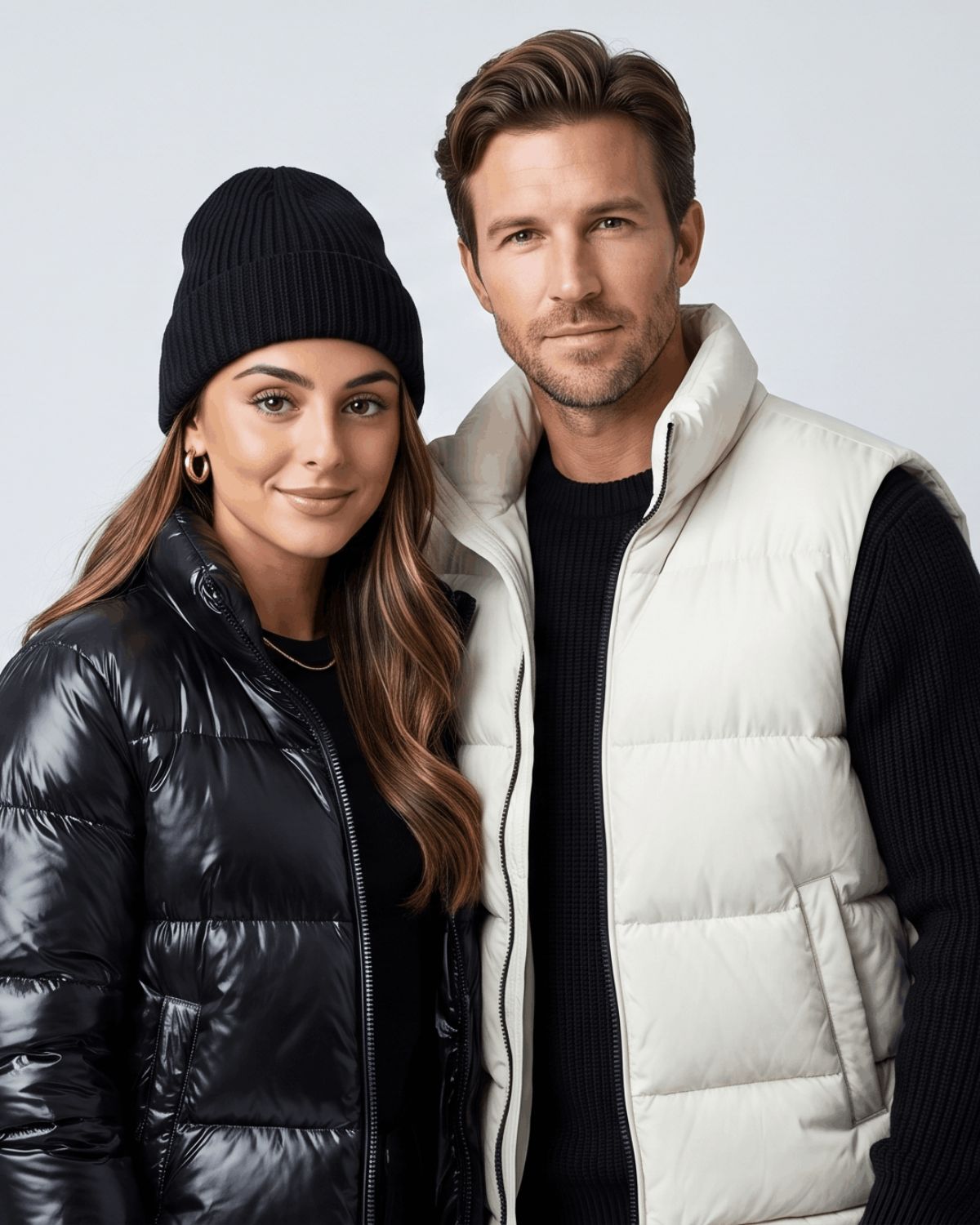 Couple in a black puffer jacket and an ivory puffer vest against a pale studio wall