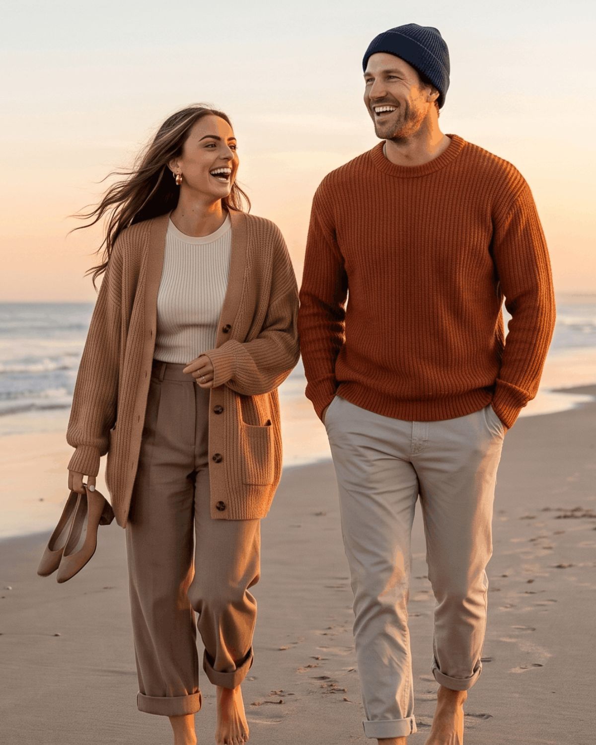 Couple walking on a beach at sunset in a camel cardigan and a rust crewneck sweater