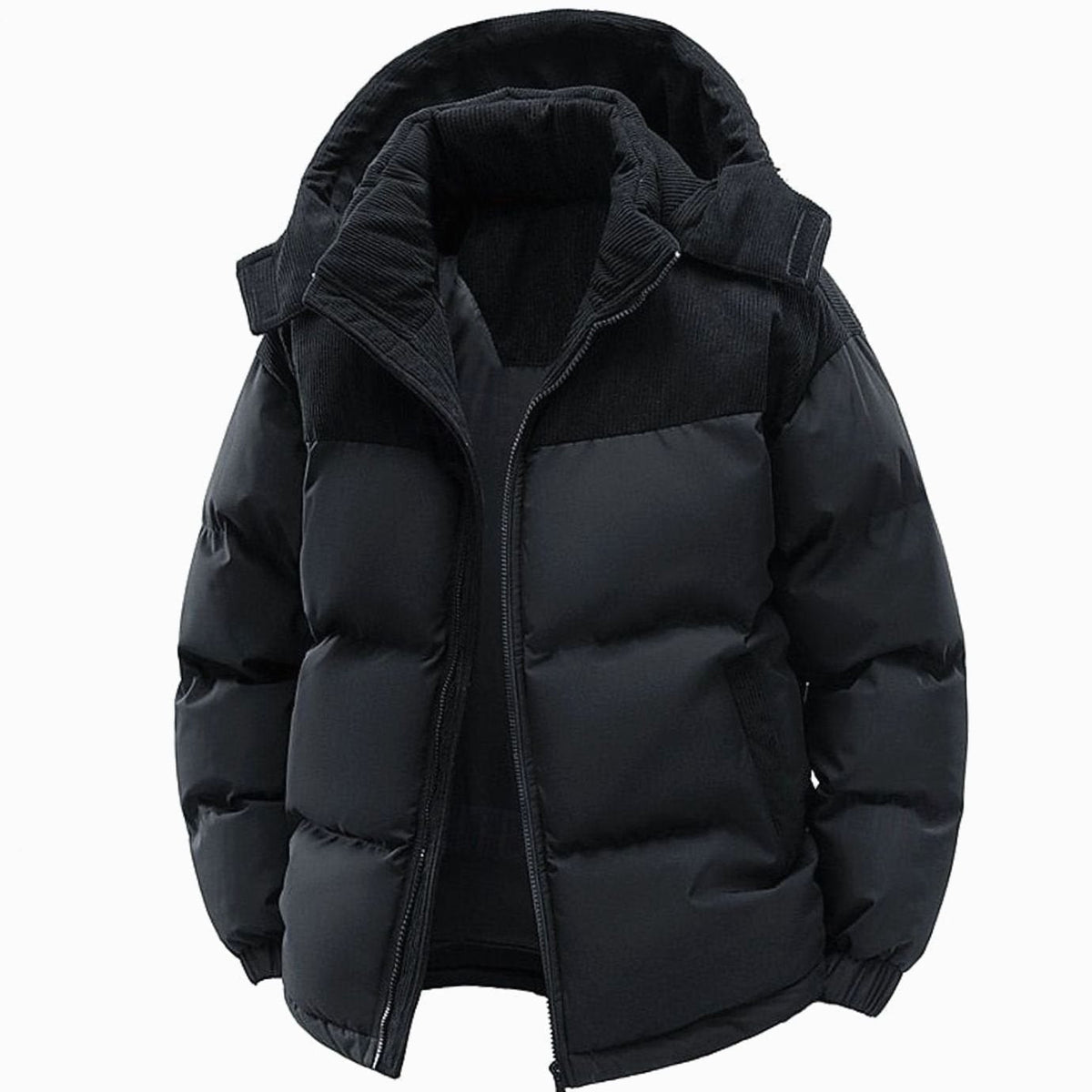 Black Dravon quilted puffer jacket shown open, front view with corduroy hood