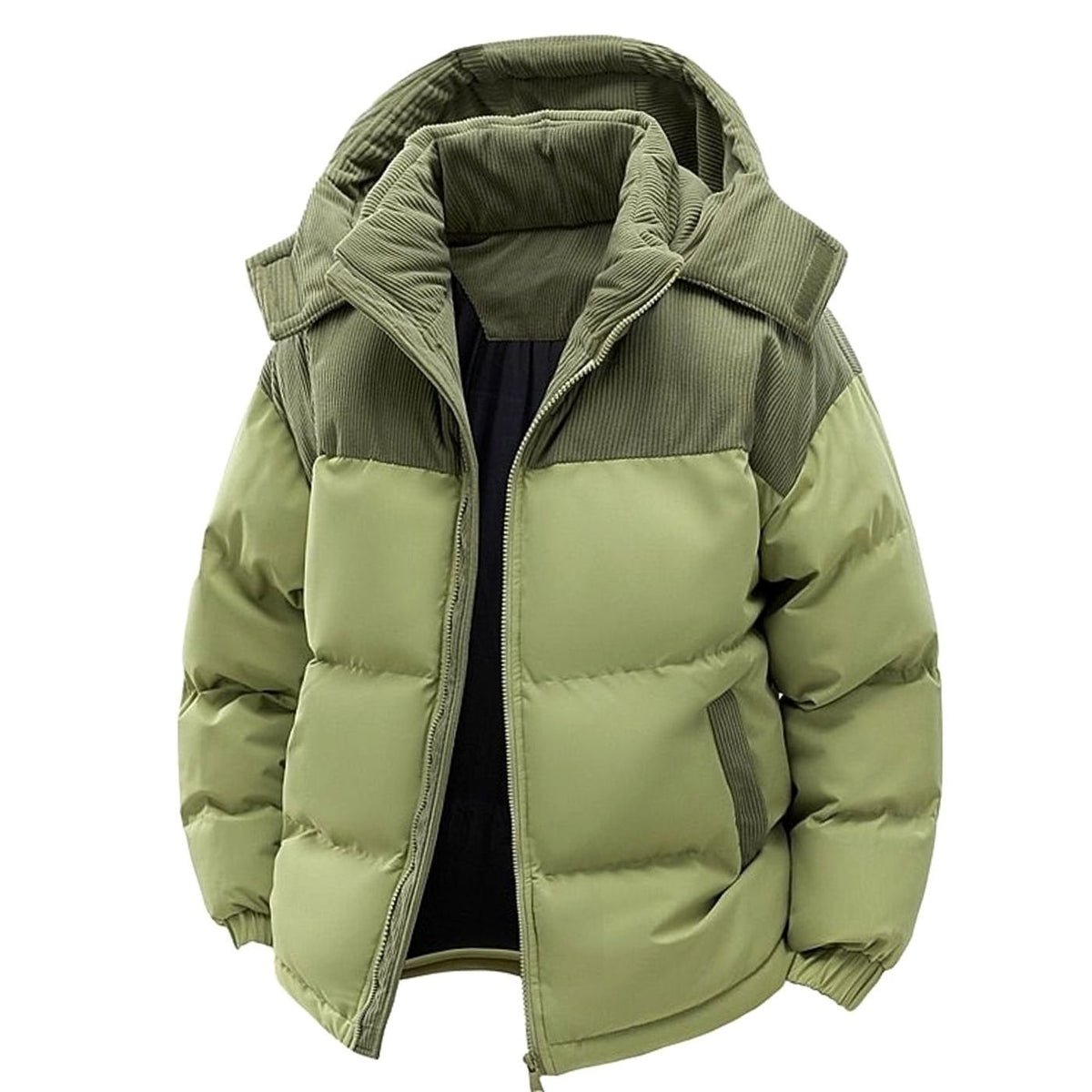 Green Dravon quilted puffer jacket shown open, front view with corduroy hood