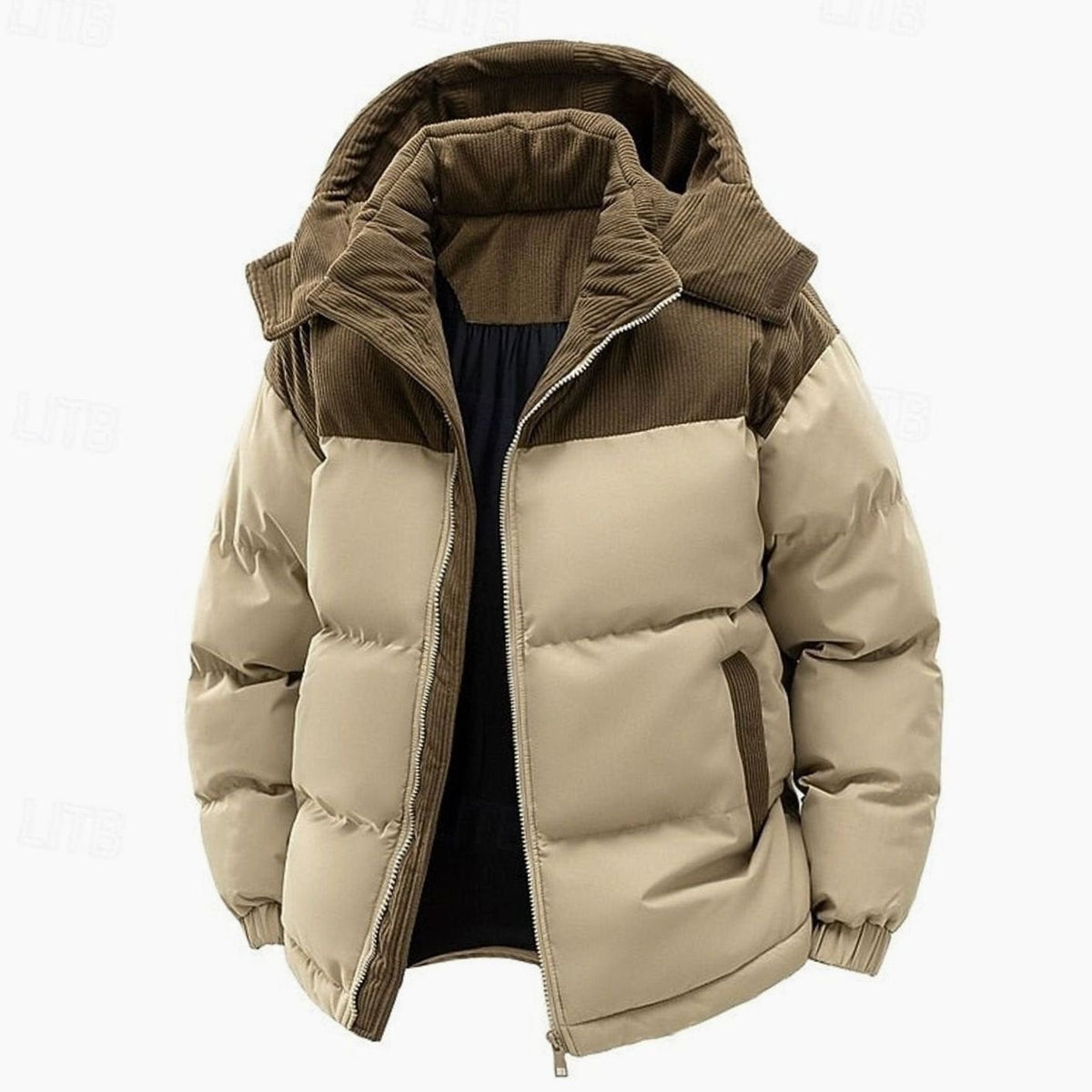 Khaki Dravon quilted puffer jacket shown open, front view with corduroy hood