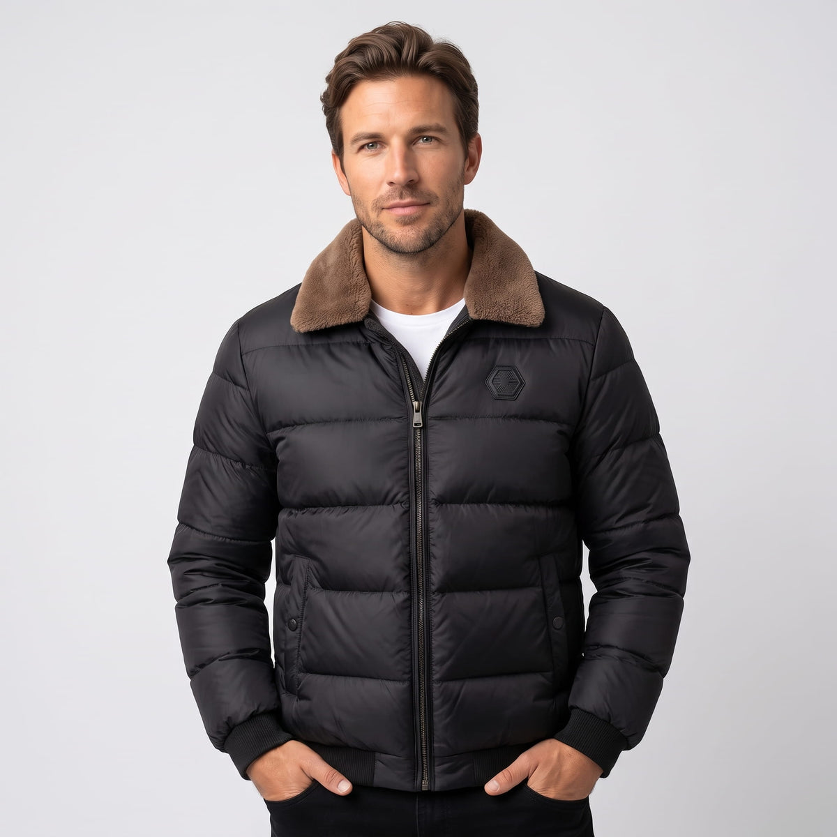 Man wearing black Julian insulated puffer jacket, front view with fleece-lined collar