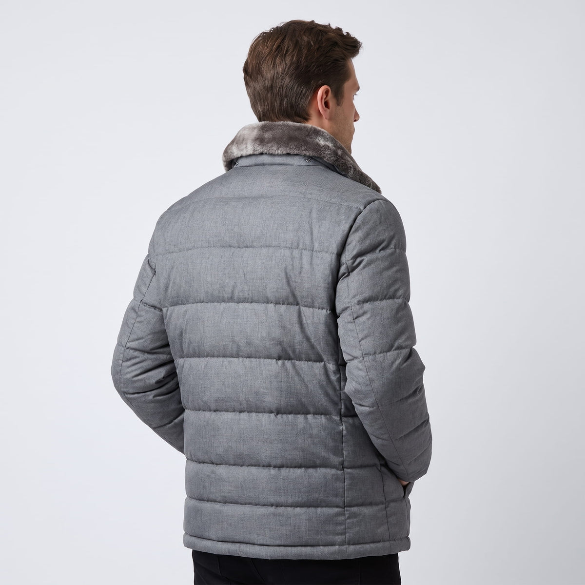 Gray Julian insulated puffer jacket back view showing quilted panels and fleece collar