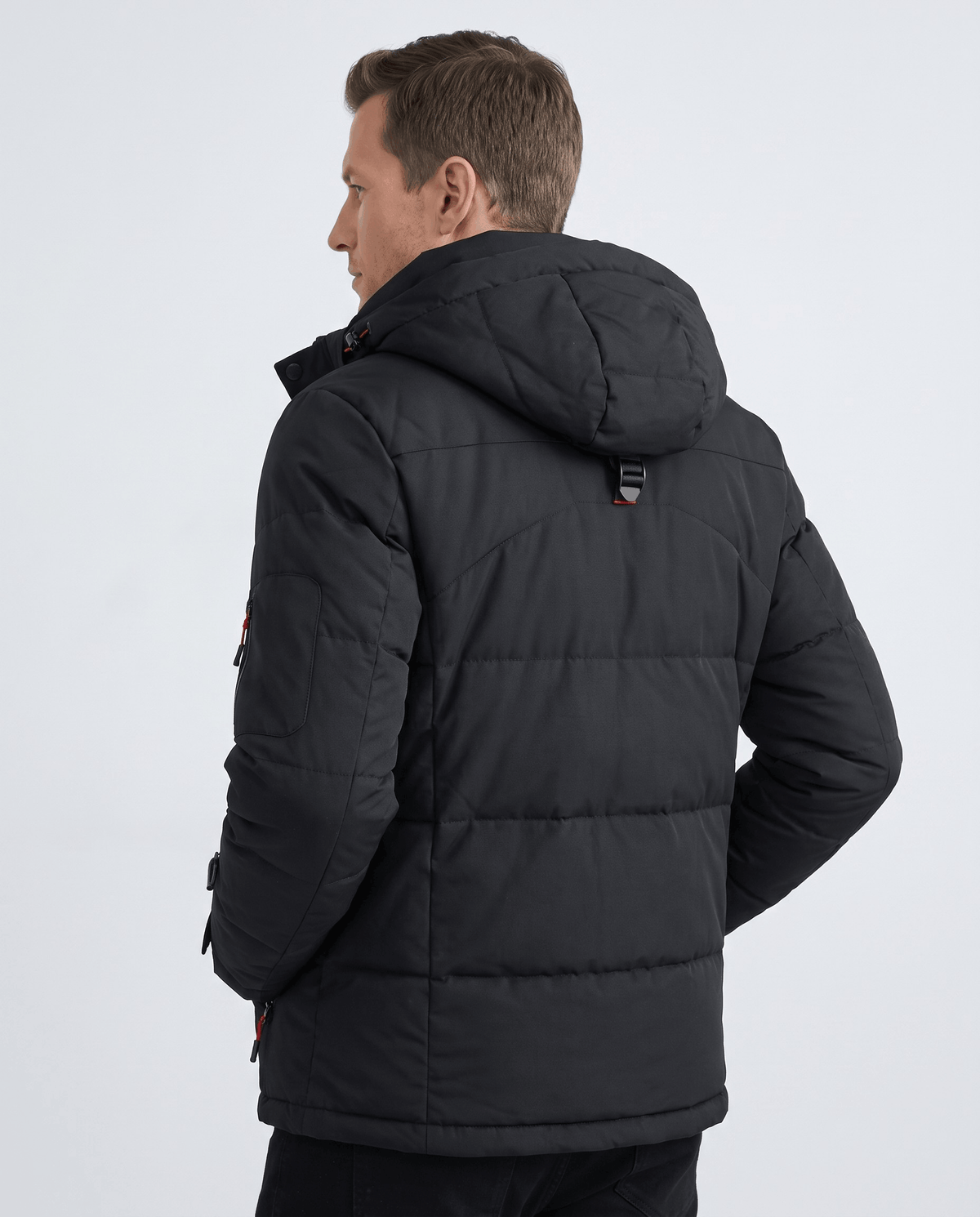 Black Paolo hooded puffer jacket back view showing quilted padding and attached hood