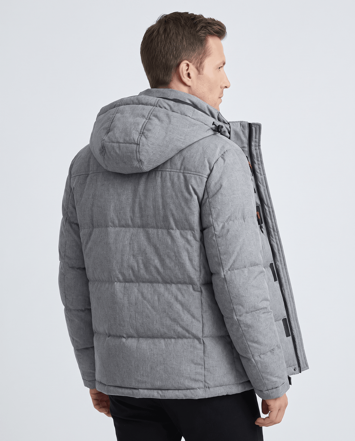 Gray Paolo hooded puffer jacket back view showing padded construction and hood