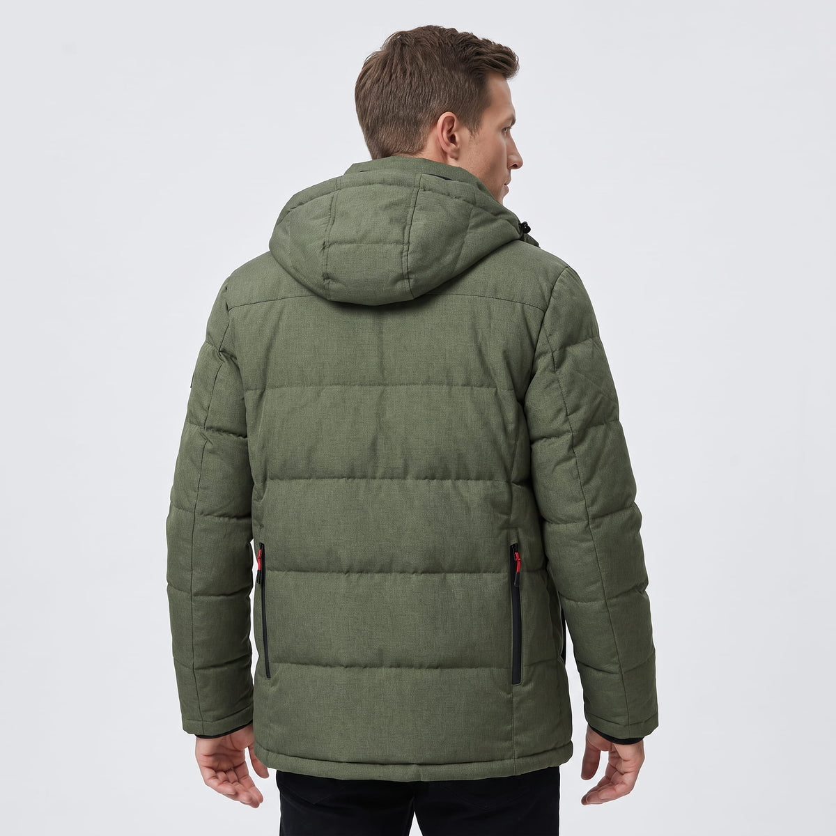 Green Paolo hooded puffer jacket back view showing padded panels and attached hood