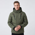 Man wearing green Paolo hooded puffer jacket, front view showing zip front and utility pockets