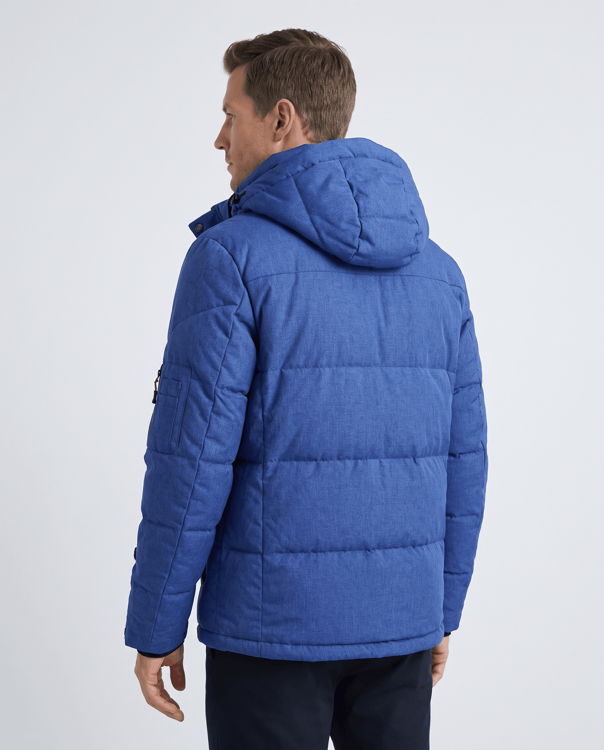 Navy blue Paolo hooded puffer jacket back view showing padded panels and hood