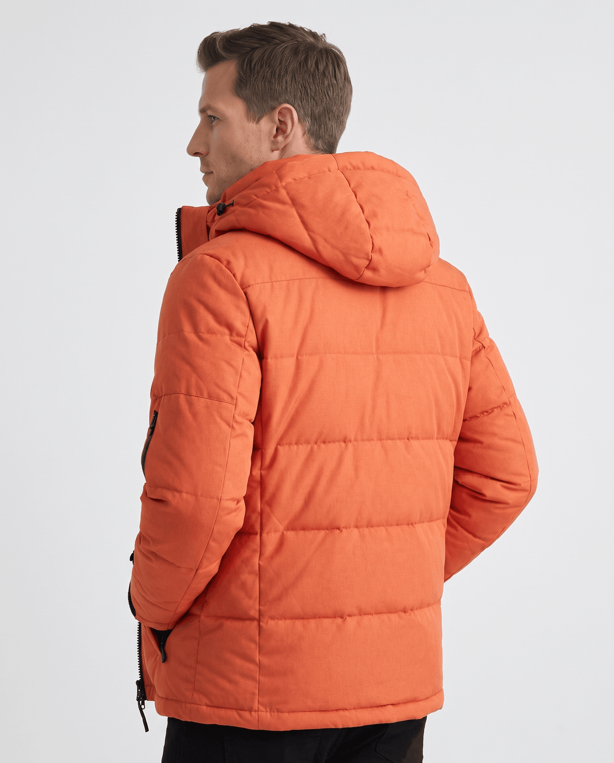 Orange Paolo hooded puffer jacket back view showing quilted padding and attached hood