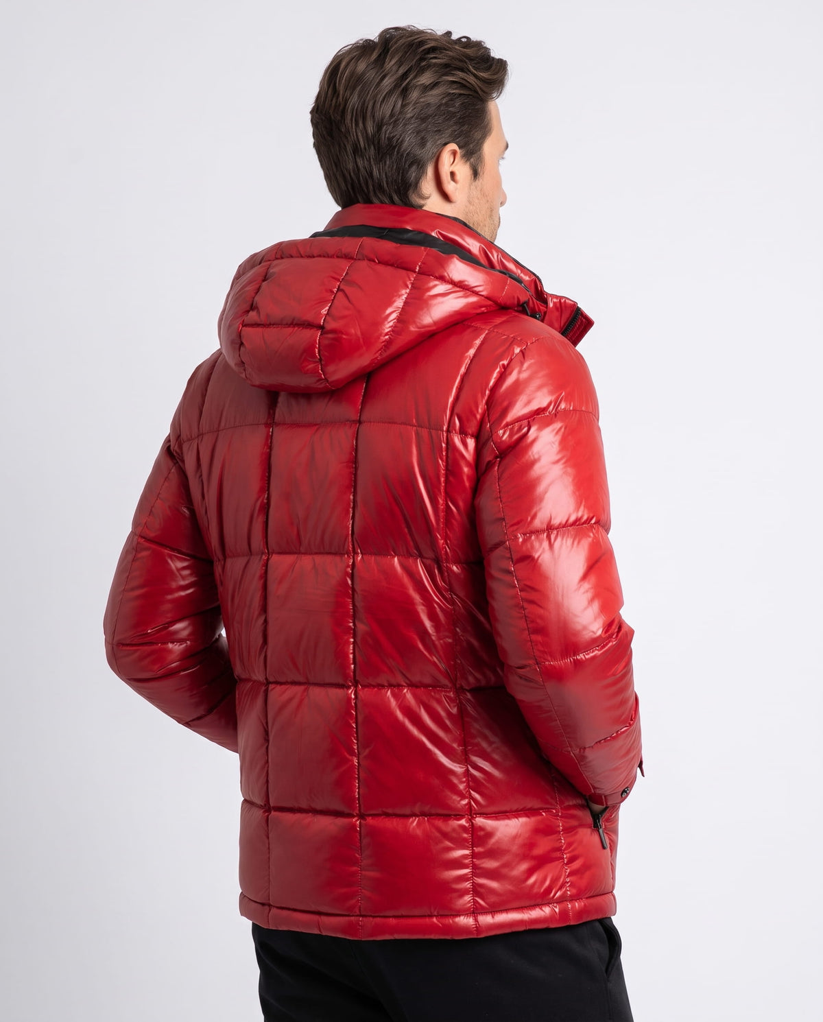 Red Robin hooded puffer jacket back view showing quilted down-filled panels