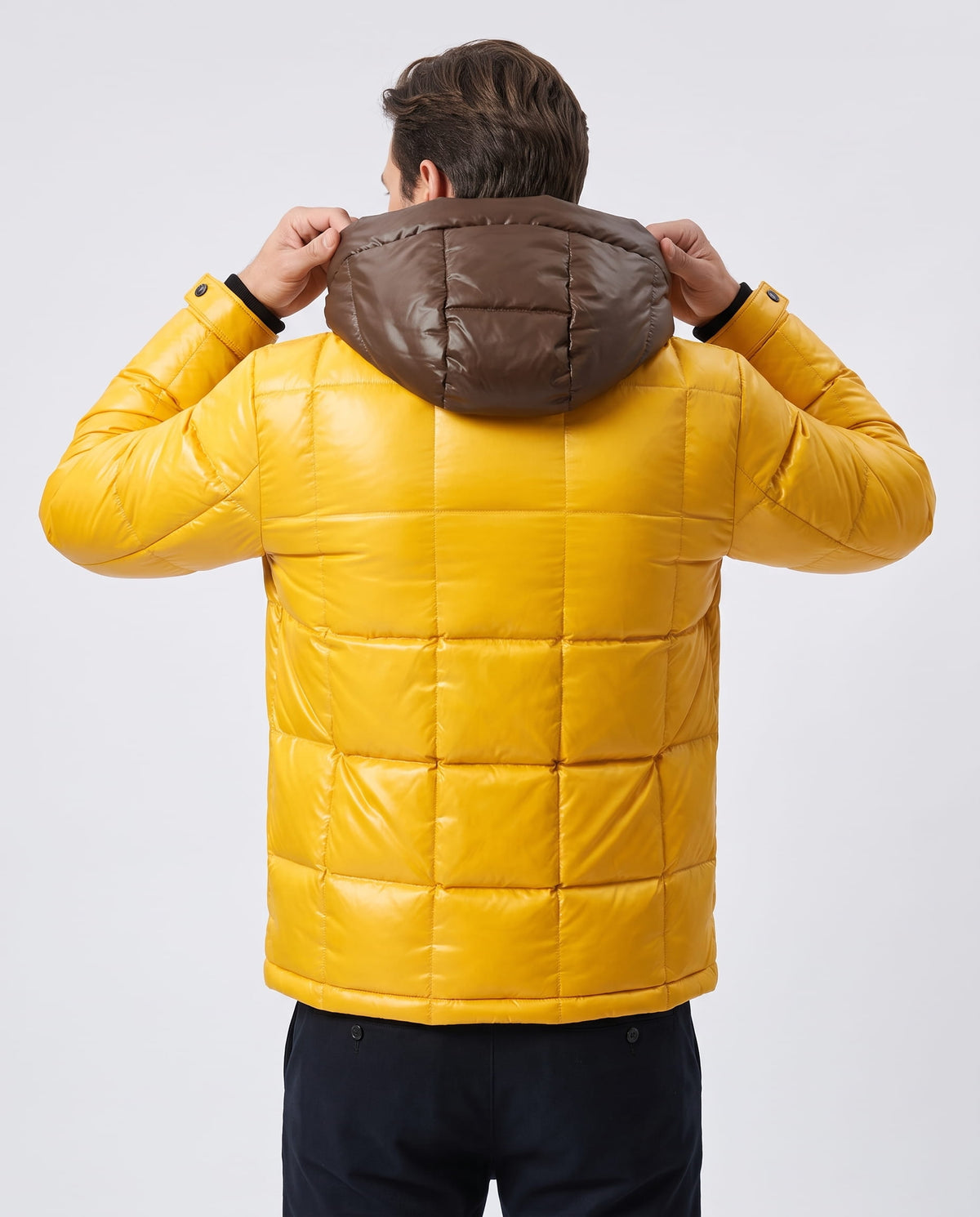 Yellow Robin hooded puffer jacket back view showing hood and quilted panels