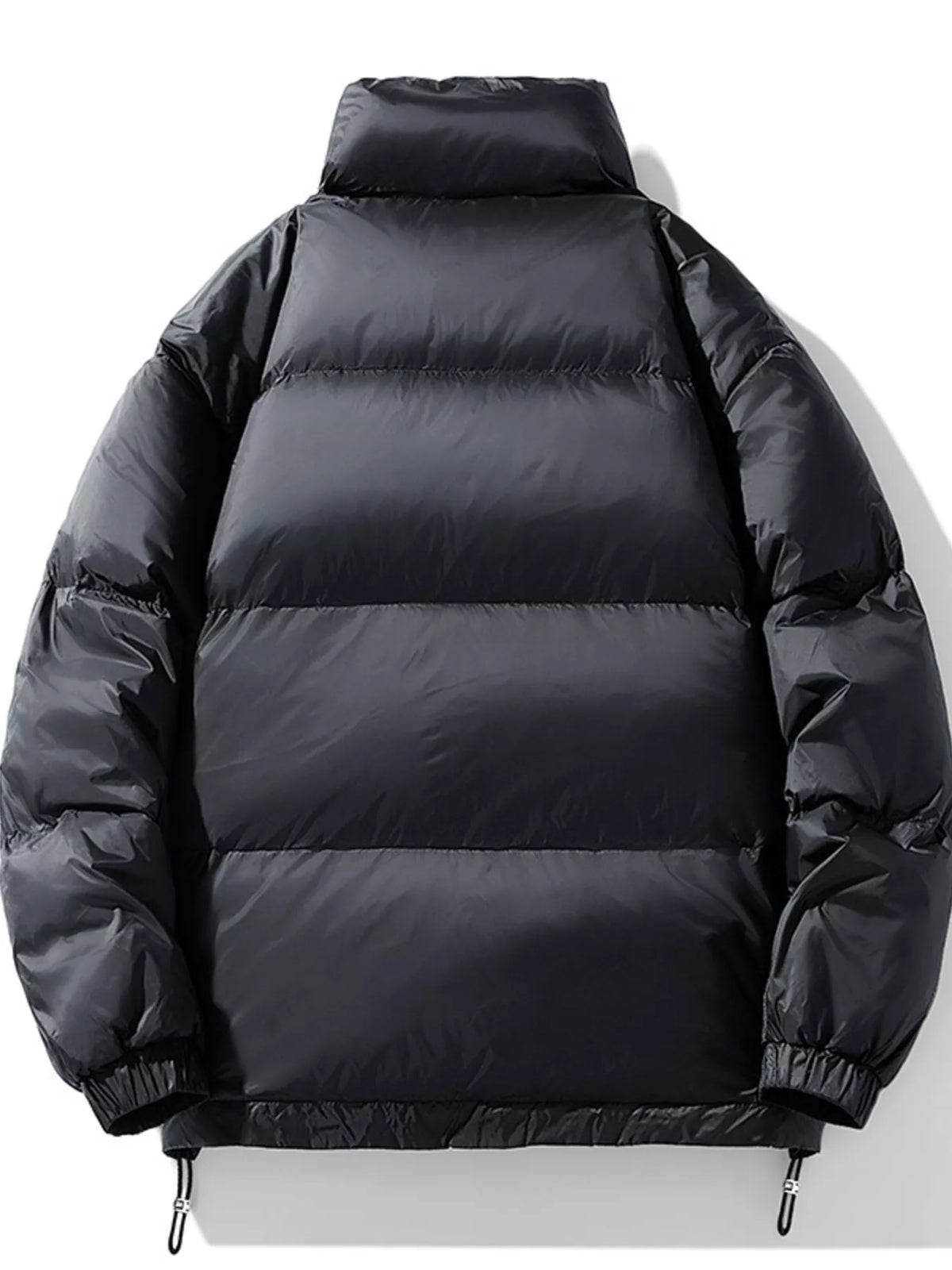 Black Salvador quilted puffer jacket laid flat, back view with high collar