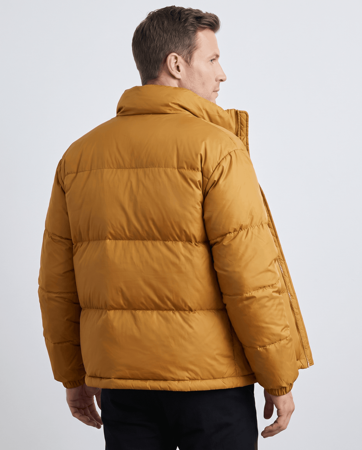Caramel Salvador quilted puffer jacket back view showing insulated horizontal panels