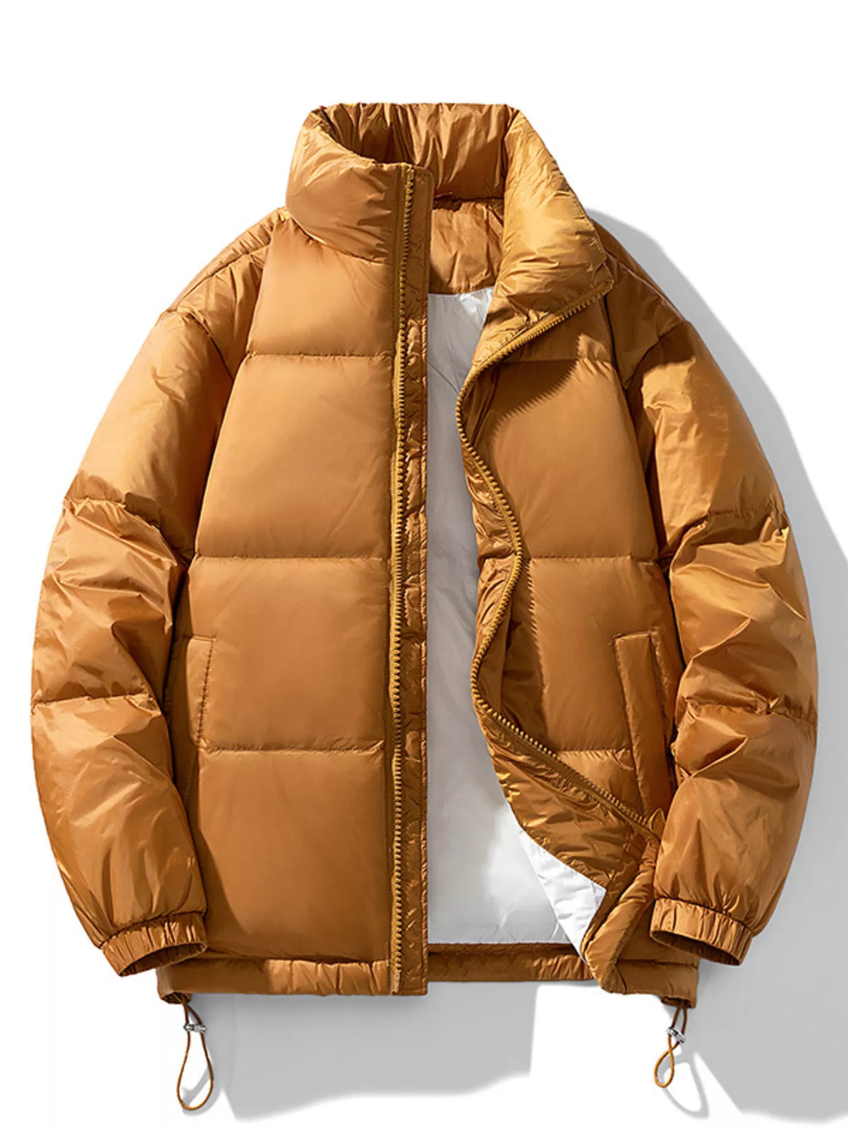 Caramel Salvador quilted puffer jacket laid flat and unzipped, front view