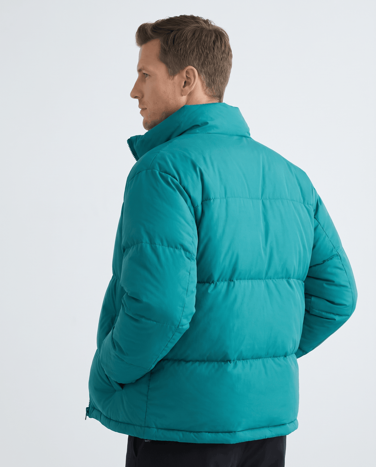 Deep teal Salvador quilted puffer jacket back view showing insulated horizontal panels