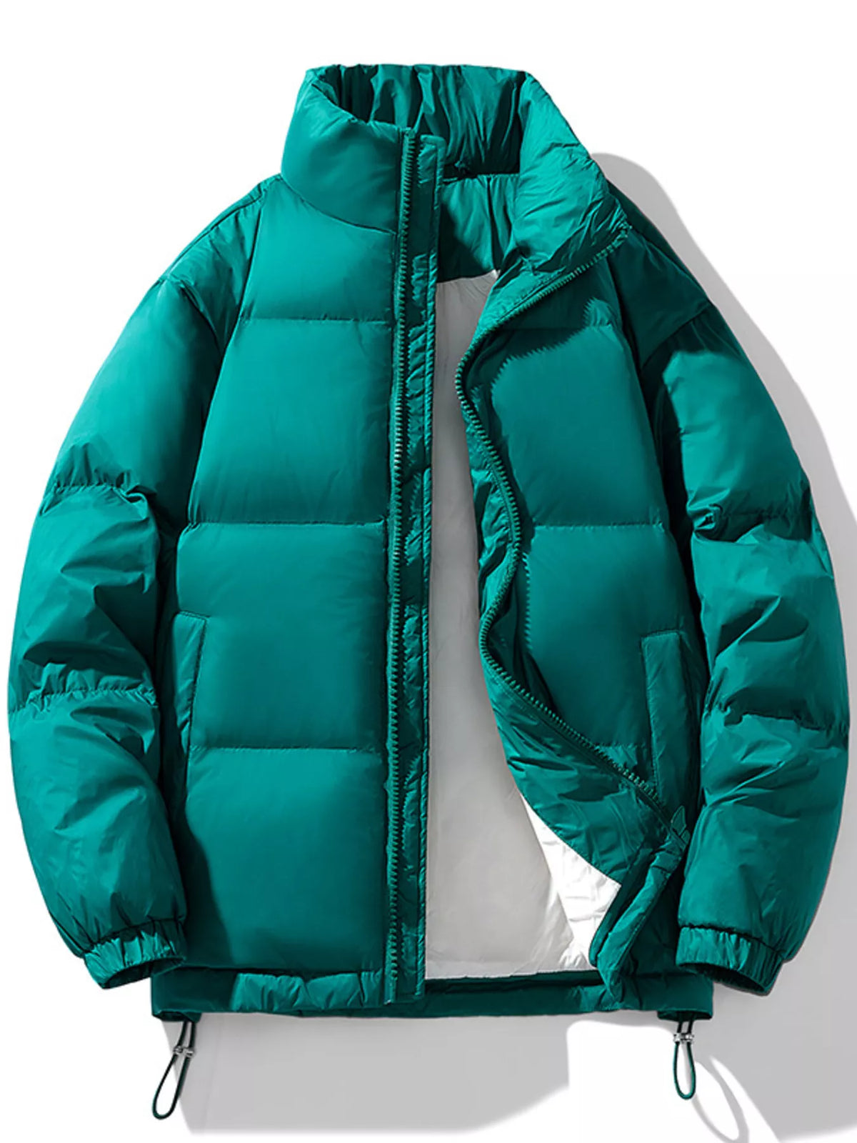 Deep teal Salvador quilted puffer jacket laid flat and unzipped, front view