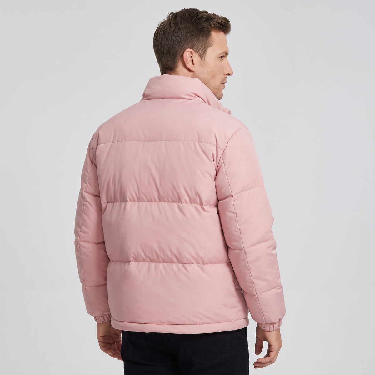 Dusty pink Salvador quilted puffer jacket back view showing insulated horizontal panels