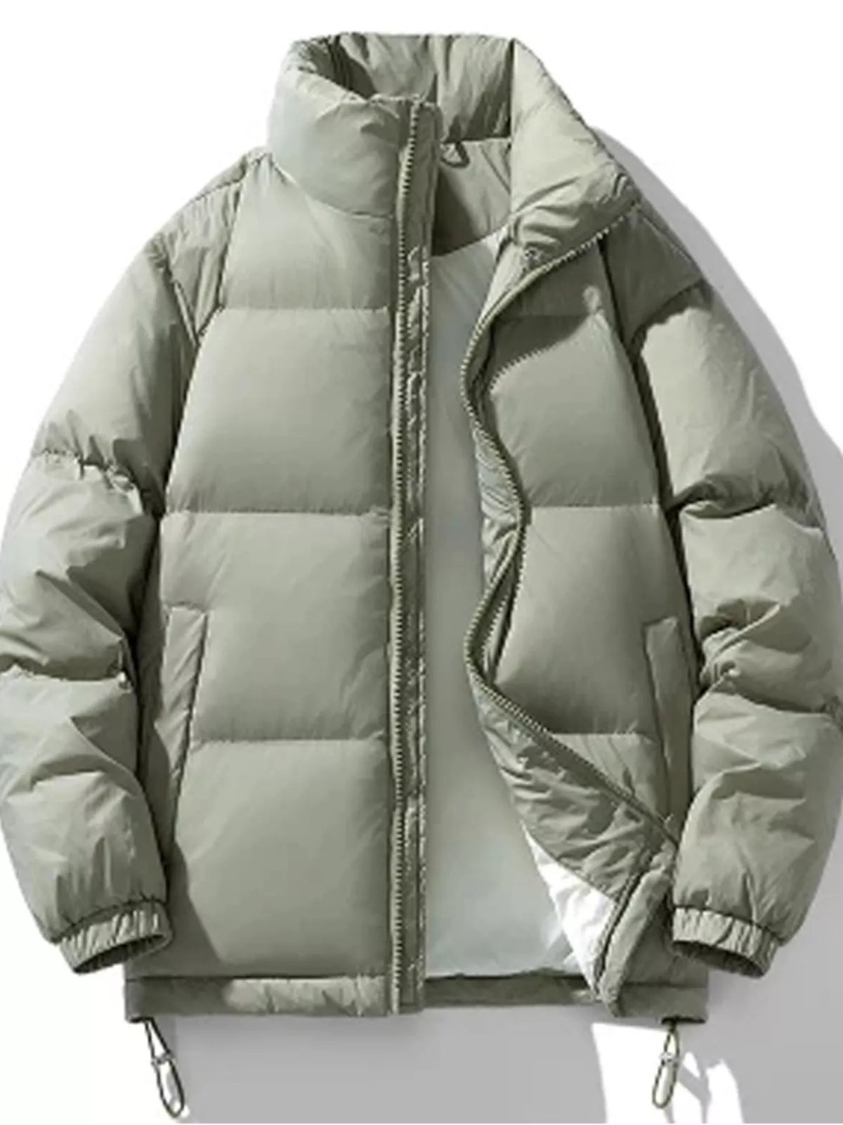 Sage Salvador quilted puffer jacket laid flat and unzipped, front view
