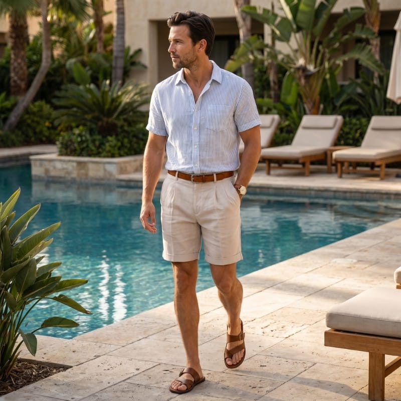 Luca Linen Pleated Shorts – Double Pleat Belt Loop Rolled Cuff Relaxed Smart Casual Bottoms