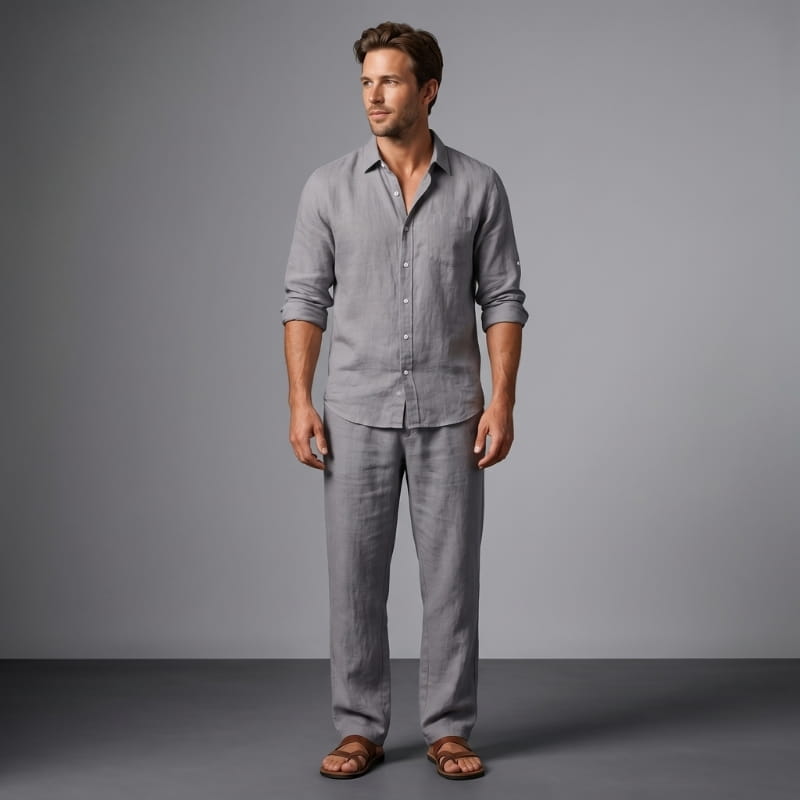 Felix Linen Two-Piece Set – Band Collar Shirt Wide Leg Elastic Waist Relaxed Casual Outfit