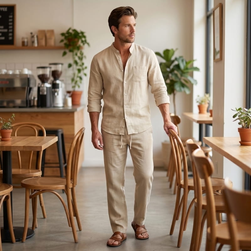 Felix Linen Two-Piece Set – Band Collar Shirt Wide Leg Elastic Waist Relaxed Casual Outfit