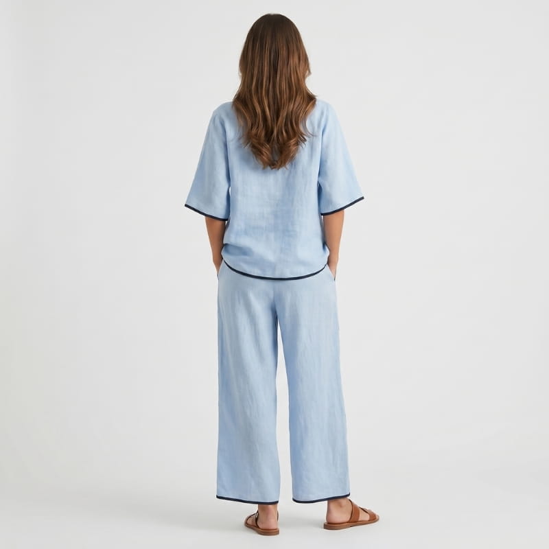 Alona Contrast Trim Linen Two-Piece Set – Round Neck Oversized Top Cropped Wide Leg Outfit
