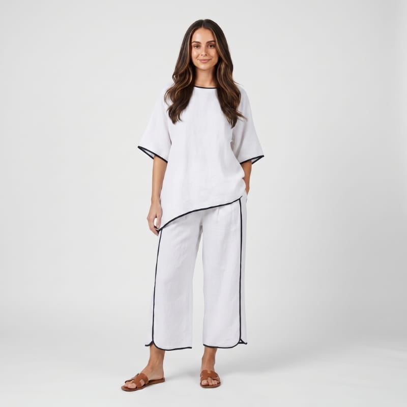 Alona Contrast Trim Linen Two-Piece Set – Round Neck Oversized Top Cropped Wide Leg Outfit