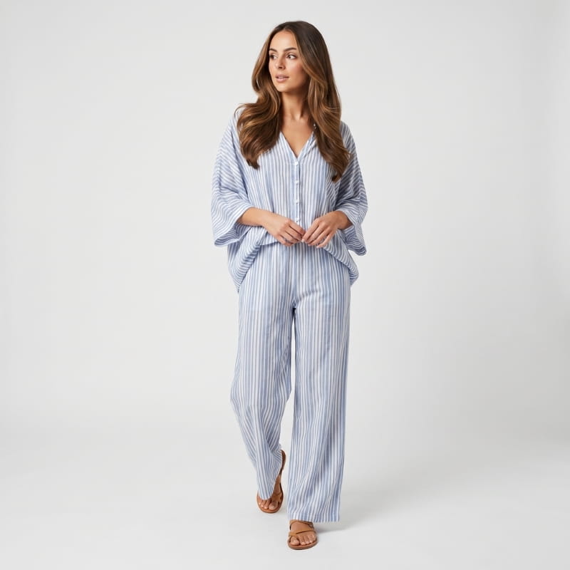 Dania Striped Woven Two-Piece Set – Batwing V-Neck Top Wide Leg Drawstring Relaxed Outfit