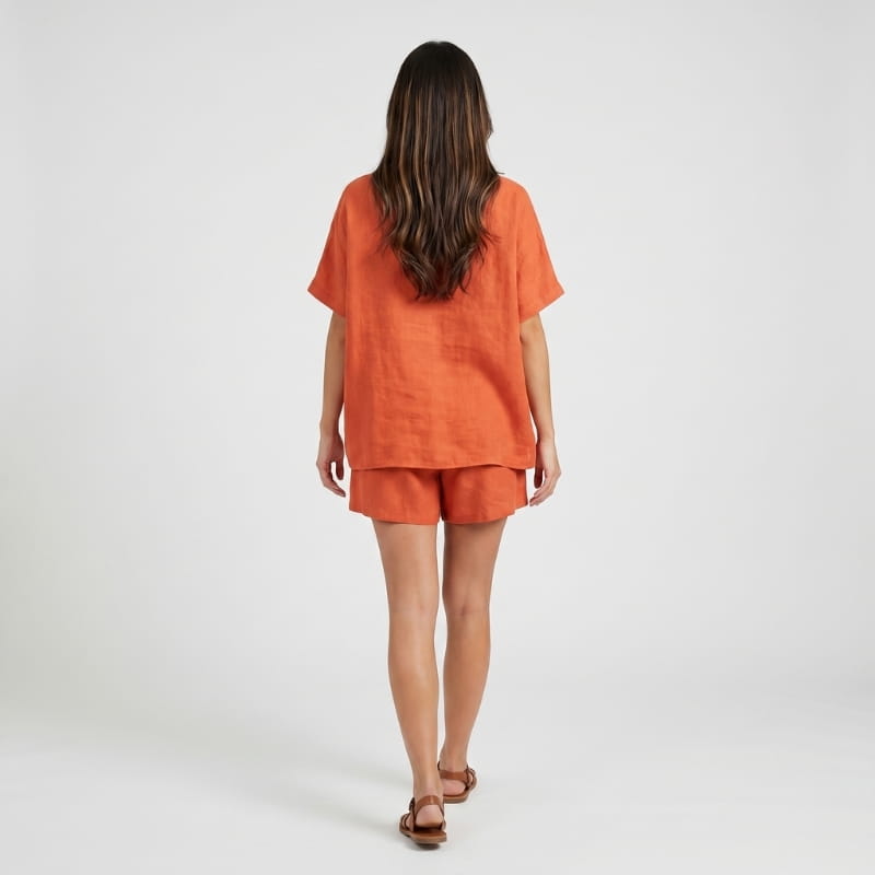 Brisa Linen Two-Piece Set – Batwing Round Neck Oversized Top Elastic Waist Shorts Casual Outfit