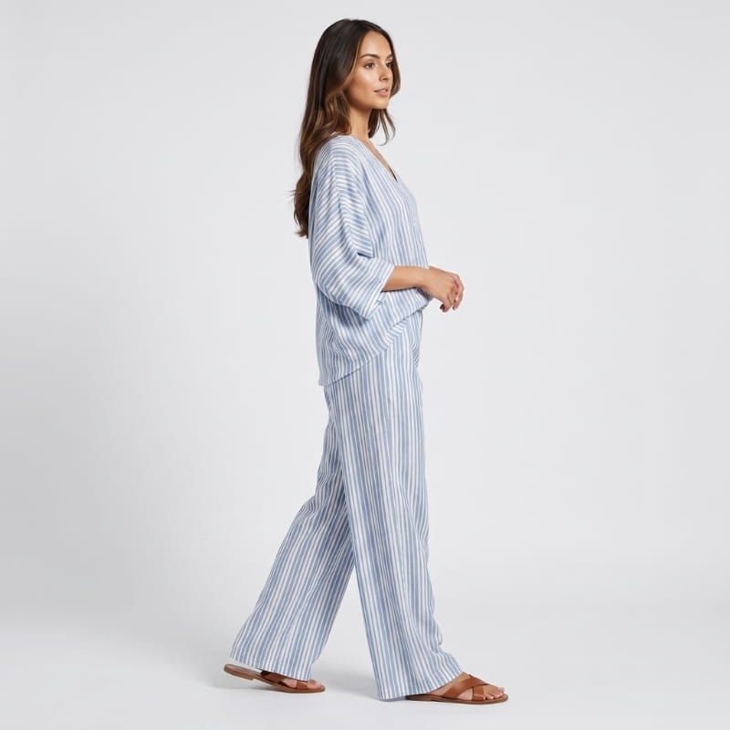 Dania Striped Woven Two-Piece Set – Batwing V-Neck Top Wide Leg Drawstring Relaxed Outfit